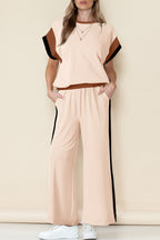 Navy blue color block detail casual two-piece set from Dear-Lover, includes matching top and pants in polyester and elastane fabric.