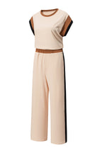 Navy blue color block detail casual two-piece set by Dear-Lover, includes a top and matching pants in polyester and elastane fabric.
