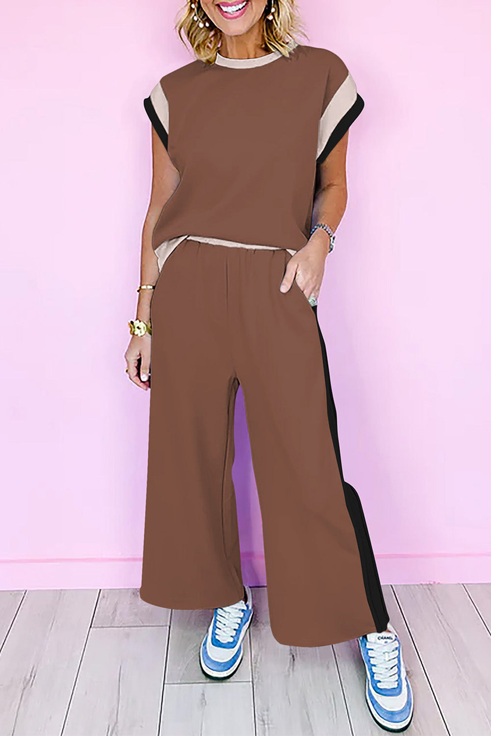 Navy blue color block detail casual two-piece set by Dear-Lover, featuring a relaxed fit with polyester and elastane fabric.