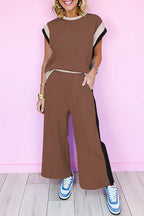 Navy blue color block detail casual two-piece set by Dear-Lover, featuring a relaxed fit with polyester and elastane fabric.