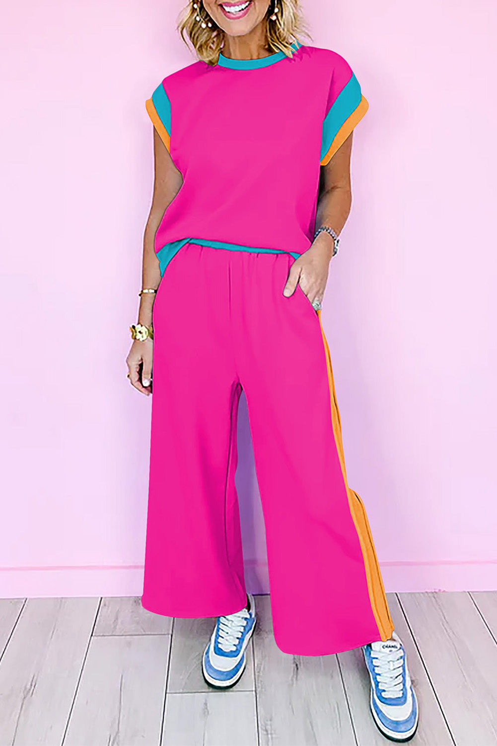 Navy blue color block casual two-piece set from Dear-Lover, featuring a comfortable polyester and elastane pant set for everyday wear.