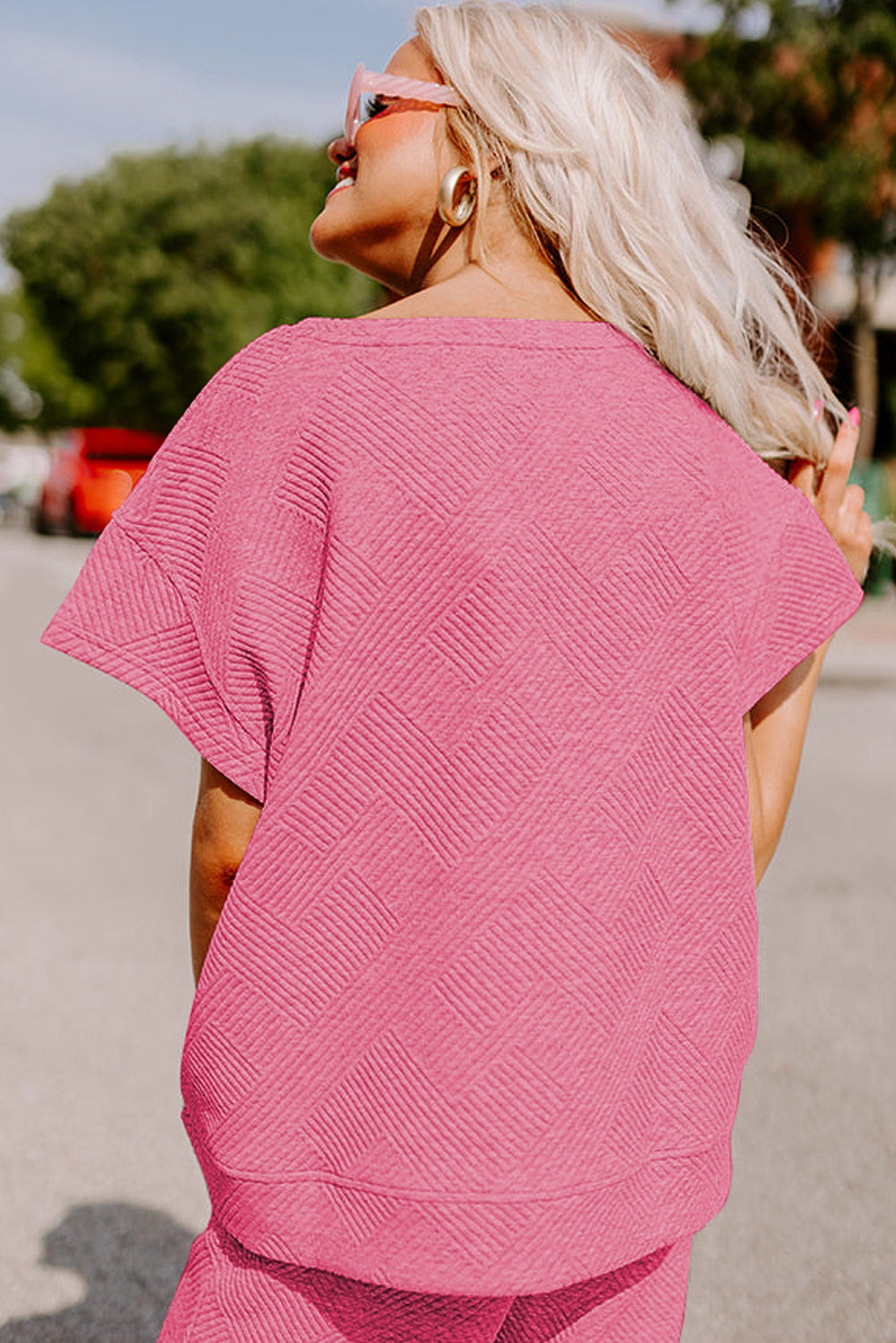 Strawberry pink textured loose fit T-shirt and drawstring pants set by Dear-Lover, casual two-piece polyester-elastane outfit.