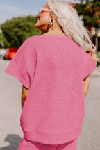 Strawberry pink textured loose fit T-shirt and drawstring pants set by Dear-Lover, casual two-piece polyester-elastane outfit.