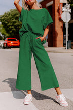 Strawberry pink textured loose-fit T-shirt and drawstring pants set by Dear-Lover, casual two-piece clothing for women.