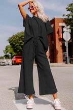 Strawberry pink textured loose fit T-shirt and drawstring pants set by Dear-Lover, casual two-piece clothing for women.