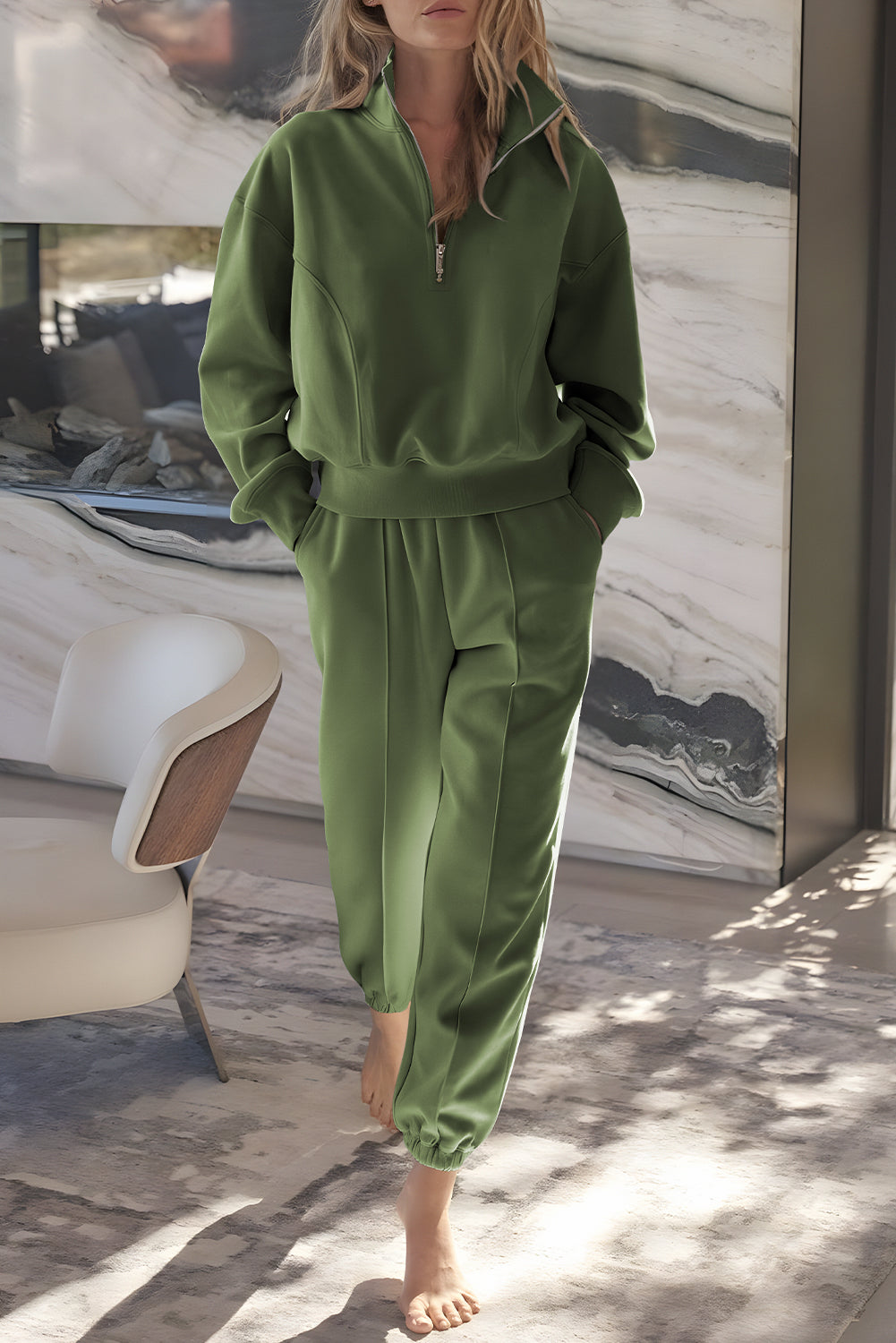 Vineyard green Dear-Lover two-piece active set with half-zip pullover and joggers, made of polyester and cotton for workout style.