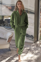 Vineyard green Dear-Lover two-piece active set with half-zip pullover and joggers, made of polyester and cotton, casual athletic wear.
