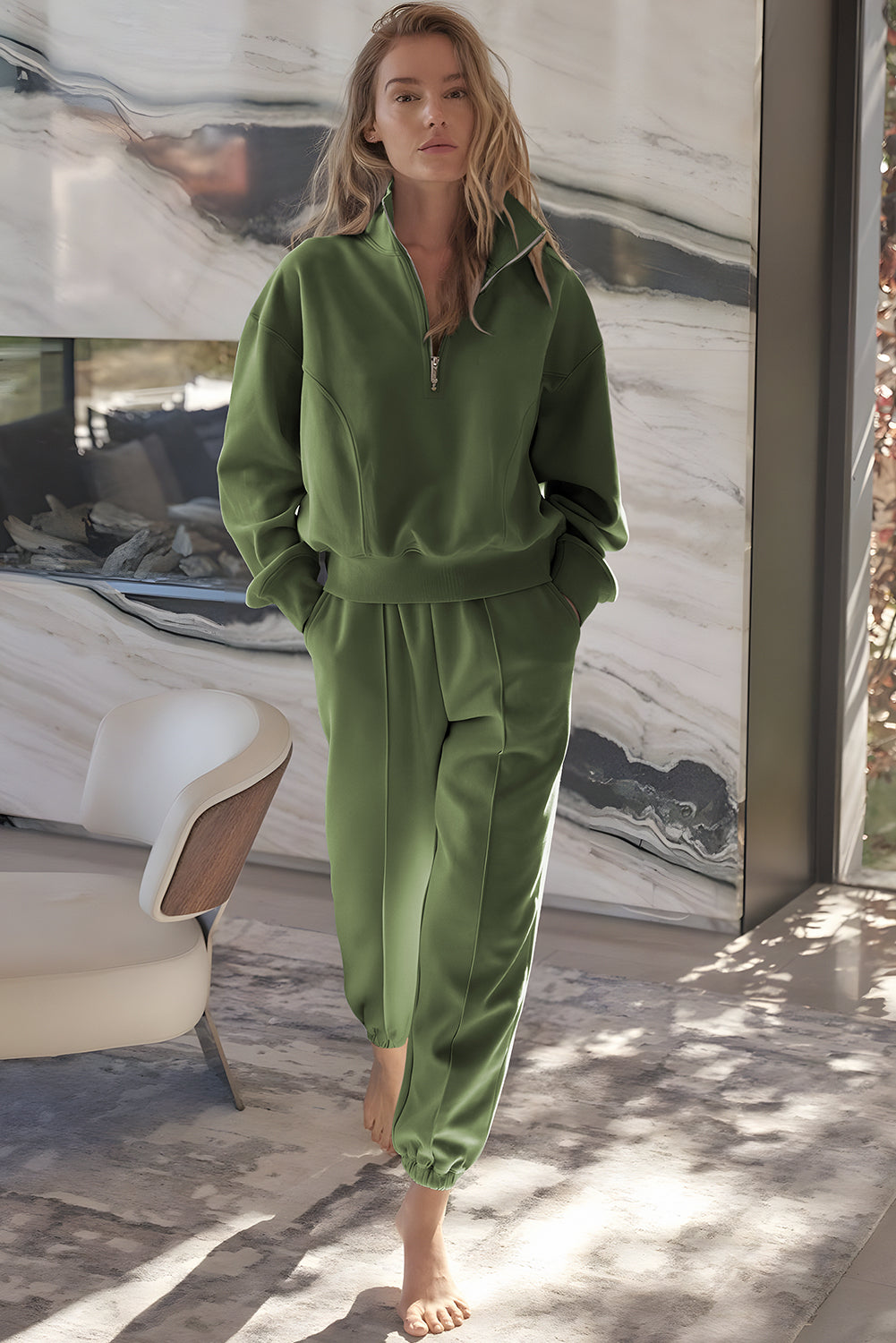 Vineyard green Dear-Lover two-piece active set with half-zip pullover and joggers, made of polyester and cotton, casual athletic wear.