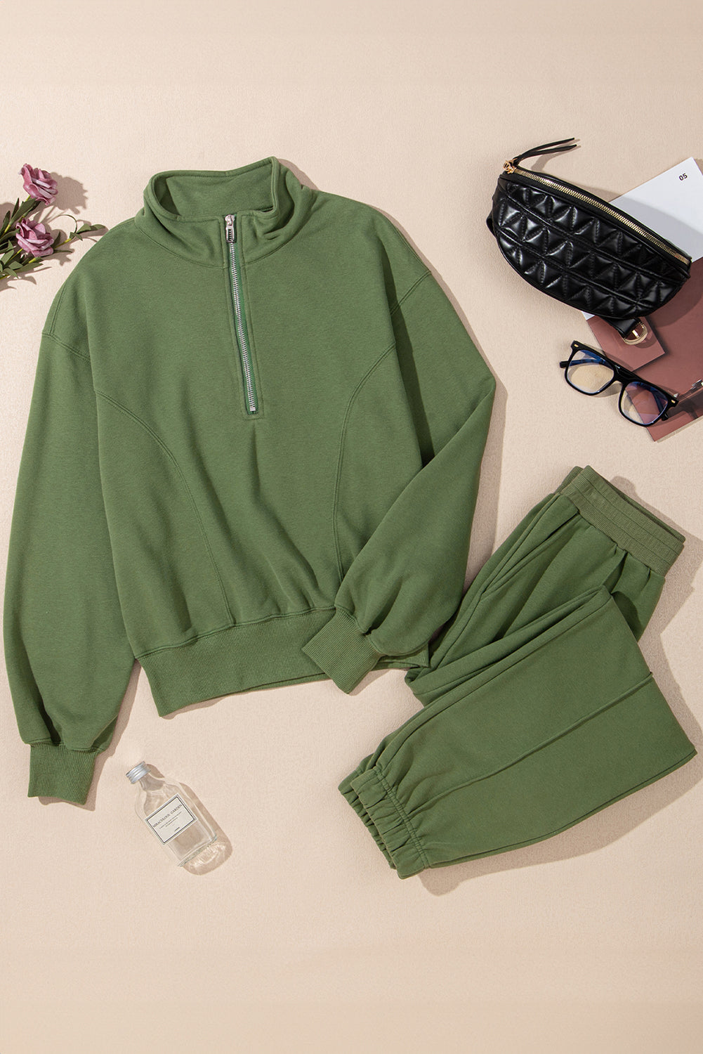 Vineyard green Dear-Lover two-piece active set with half-zip pullover and joggers, made of polyester and cotton for casual wear.