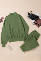 Vineyard green Dear-Lover two-piece active top and joggers set, half-zip pullover with matching joggers, polyester cotton blend.