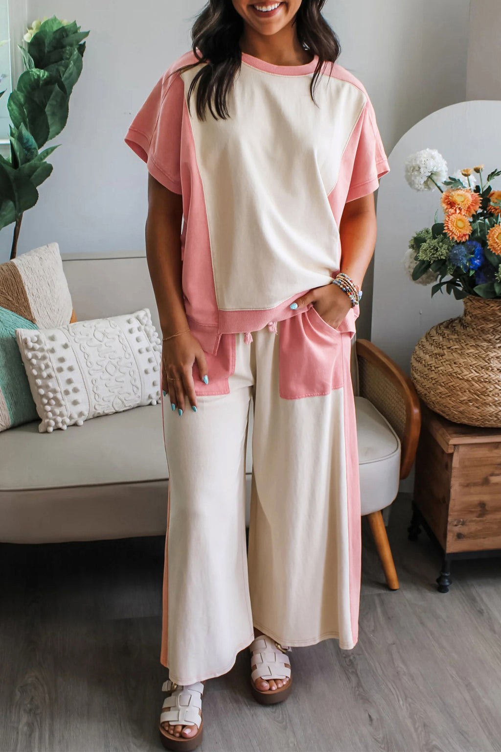 White two-tone color block patchwork tee and loose drawstring pant set by Dear-Lover, casual two-piece outfit with polyester and cotton.