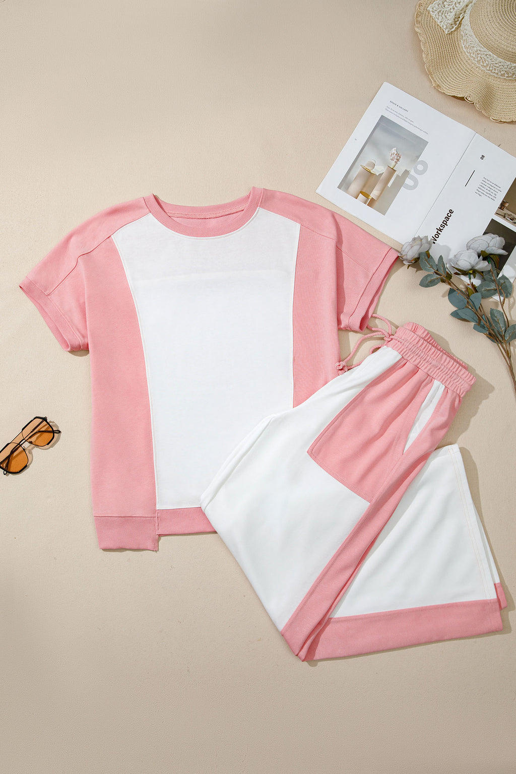 White two-tone color block patchwork tee and drawstring loose pant set by Dear-Lover, casual two-piece outfit for women.