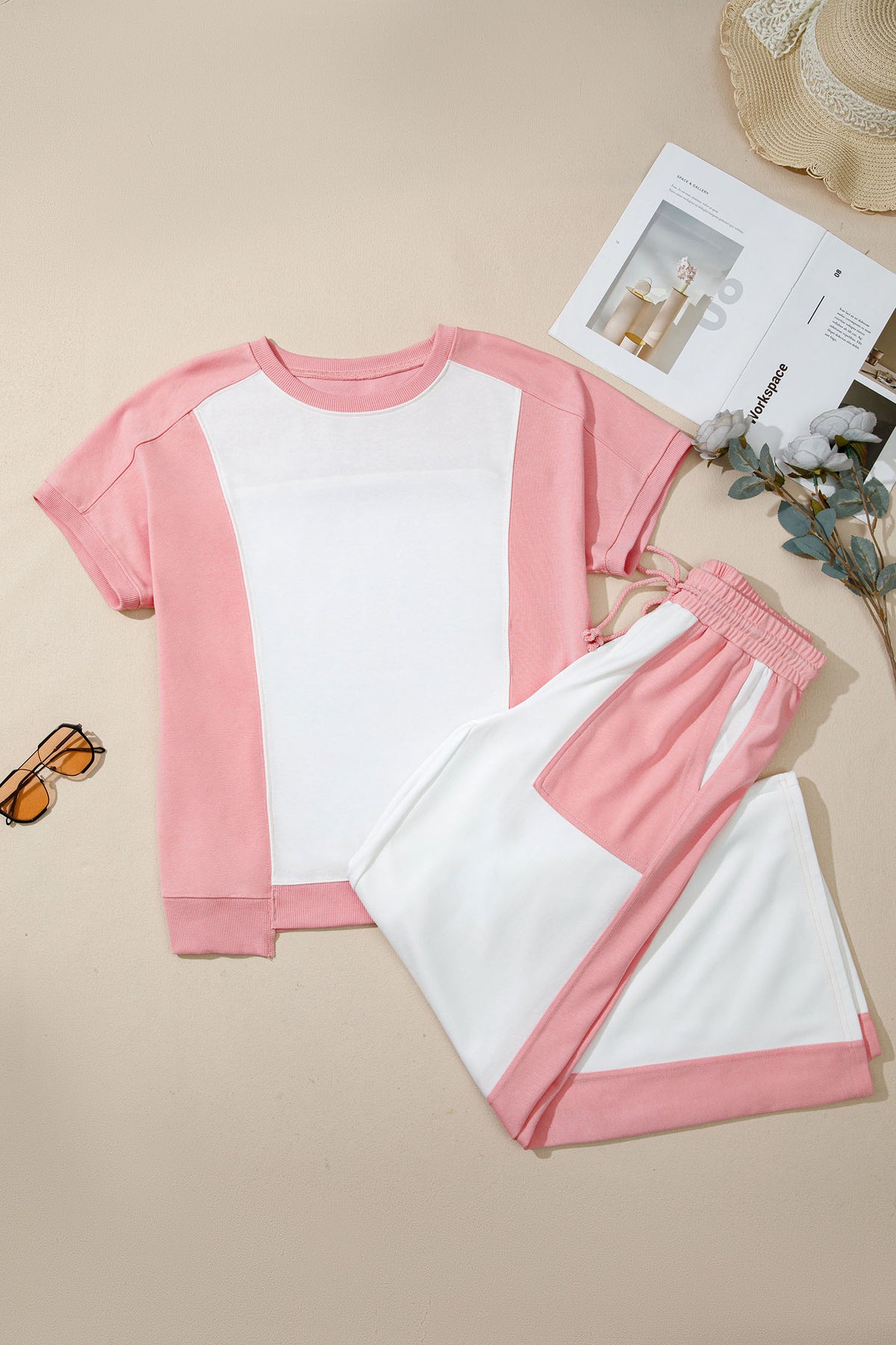 White two-tone color block patchwork tee and drawstring loose pant set by Dear-Lover, casual two-piece outfit for women.