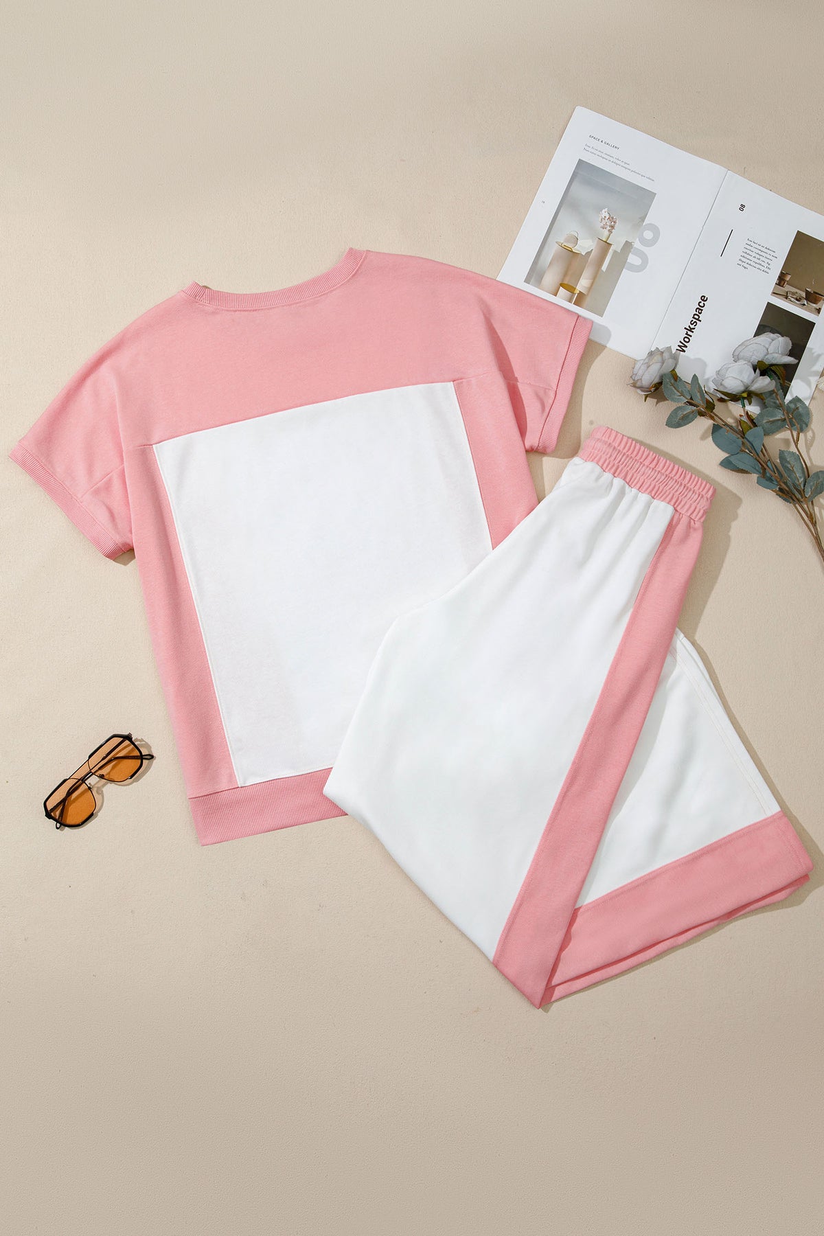 White two-tone color block patchwork tee and drawstring loose pant set by Dear-Lover, casual two-piece outfit with relaxed fit.