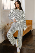 White stripe ruffle trim drop shoulder top and drawstring loose pant set by Dear-Lover, made of cotton-polyester blend, two-piece outfit.