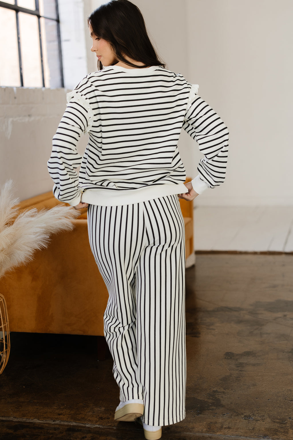 White stripe ruffle trim drop shoulder top with drawstring loose pant set by Dear-Lover, two-piece casual outfit in cotton-polyester blend.