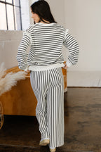 White stripe ruffle trim drop shoulder top with drawstring loose pant set by Dear-Lover, two-piece casual outfit in cotton-polyester blend.