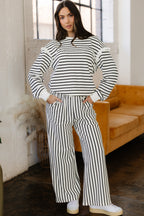 White stripe ruffle trim drop shoulder top and loose drawstring pants set by Dear-Lover, casual two-piece outfit.