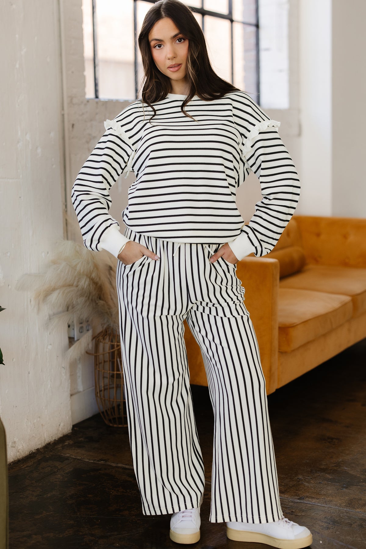 White stripe ruffle trim drop shoulder top and loose drawstring pants set by Dear-Lover, casual two-piece outfit.