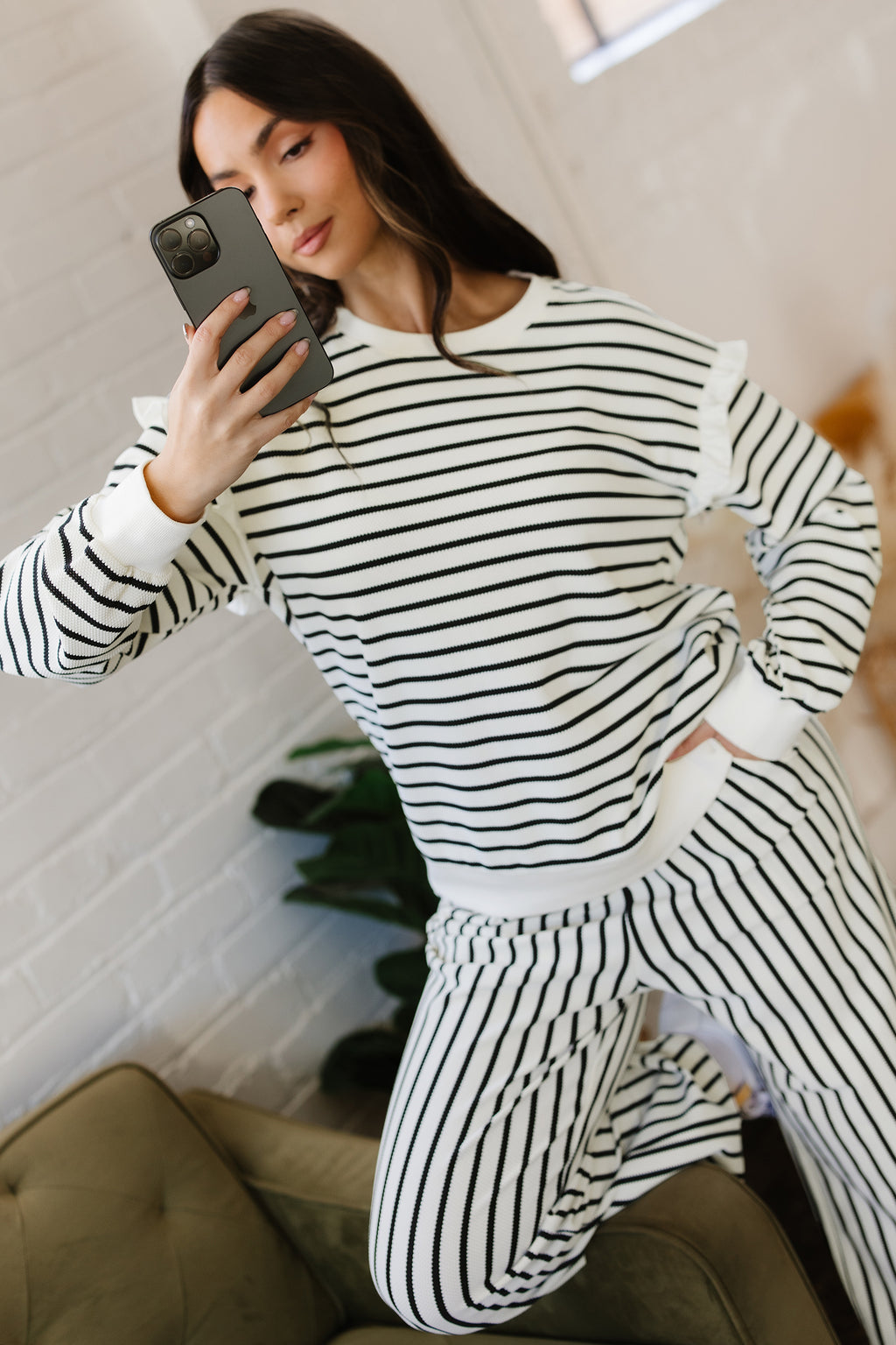 White stripe ruffle trim drop shoulder top and drawstring loose pant set by Dear-Lover, two-piece cotton-polyester blend casual outfit.