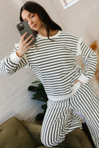 White stripe ruffle trim drop shoulder top and drawstring loose pant set by Dear-Lover, two-piece cotton-polyester blend casual outfit.