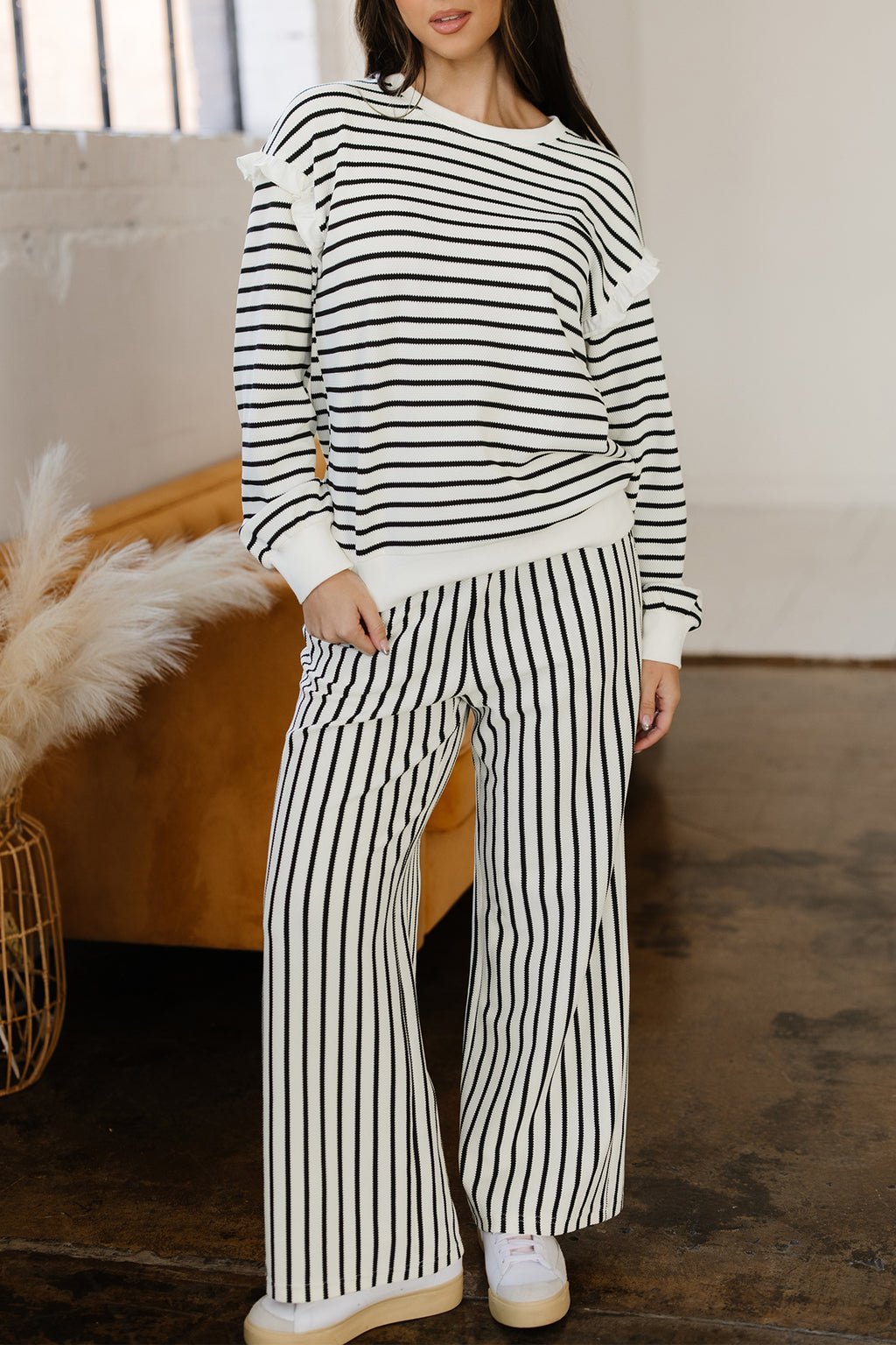 White stripe two-piece set with ruffle trim drop shoulder top and drawstring loose pants from Dear-Lover, made of cotton and polyester.