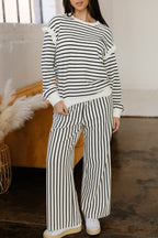 White stripe two-piece set with ruffle trim drop shoulder top and drawstring loose pants from Dear-Lover, made of cotton and polyester.