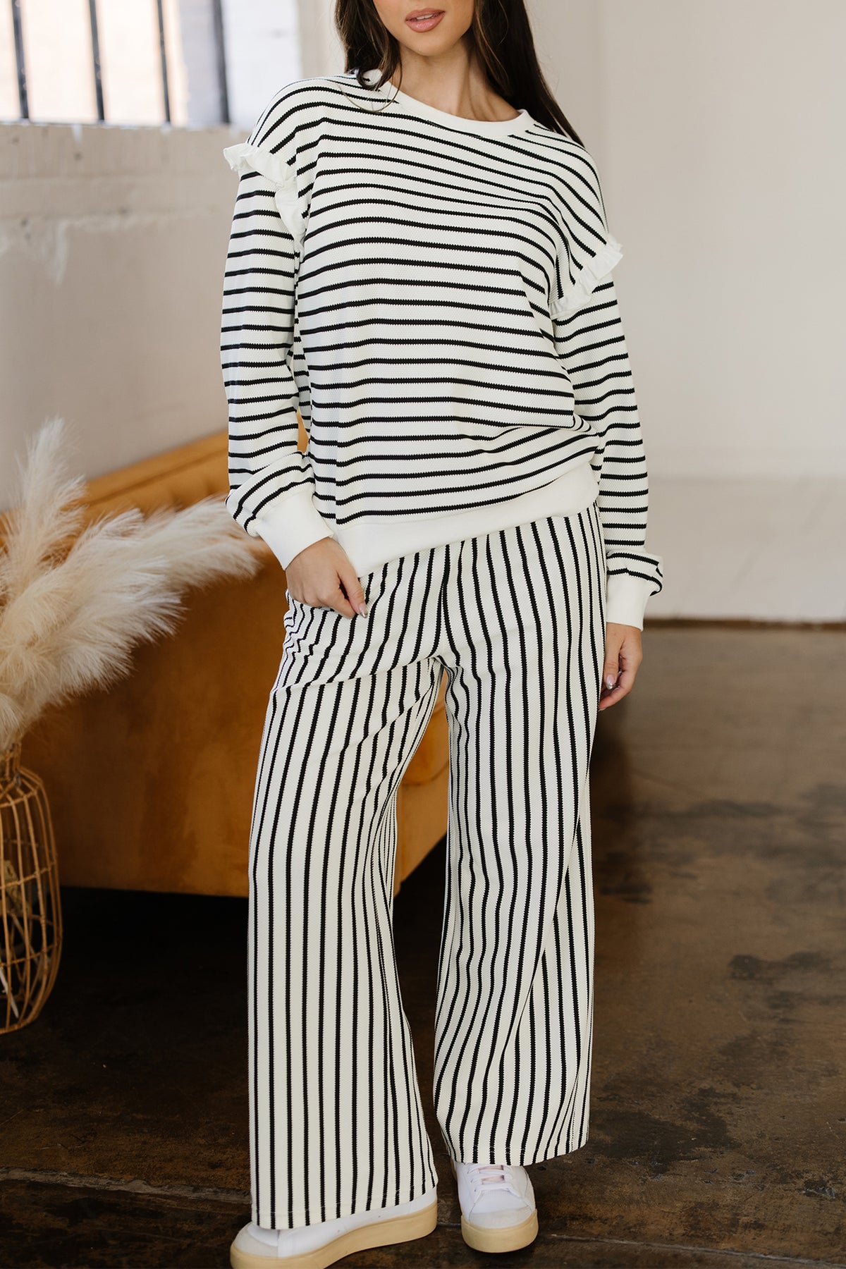 White stripe two-piece set with ruffle trim drop shoulder top and drawstring loose pants from Dear-Lover, made of cotton and polyester.