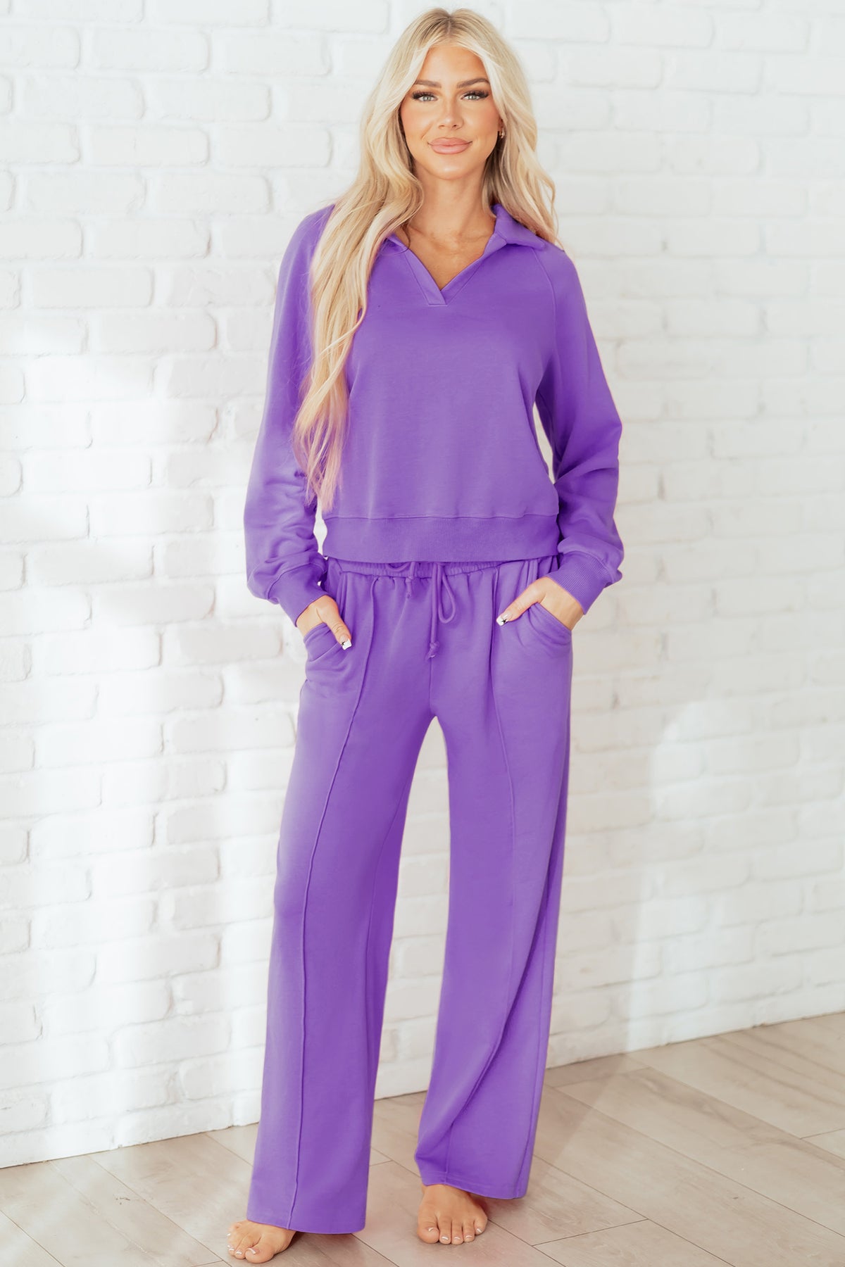 Dear-Lover solid color collared pullover and central seam pants set in wisteria, made of polyester and cotton, two-piece outfit.