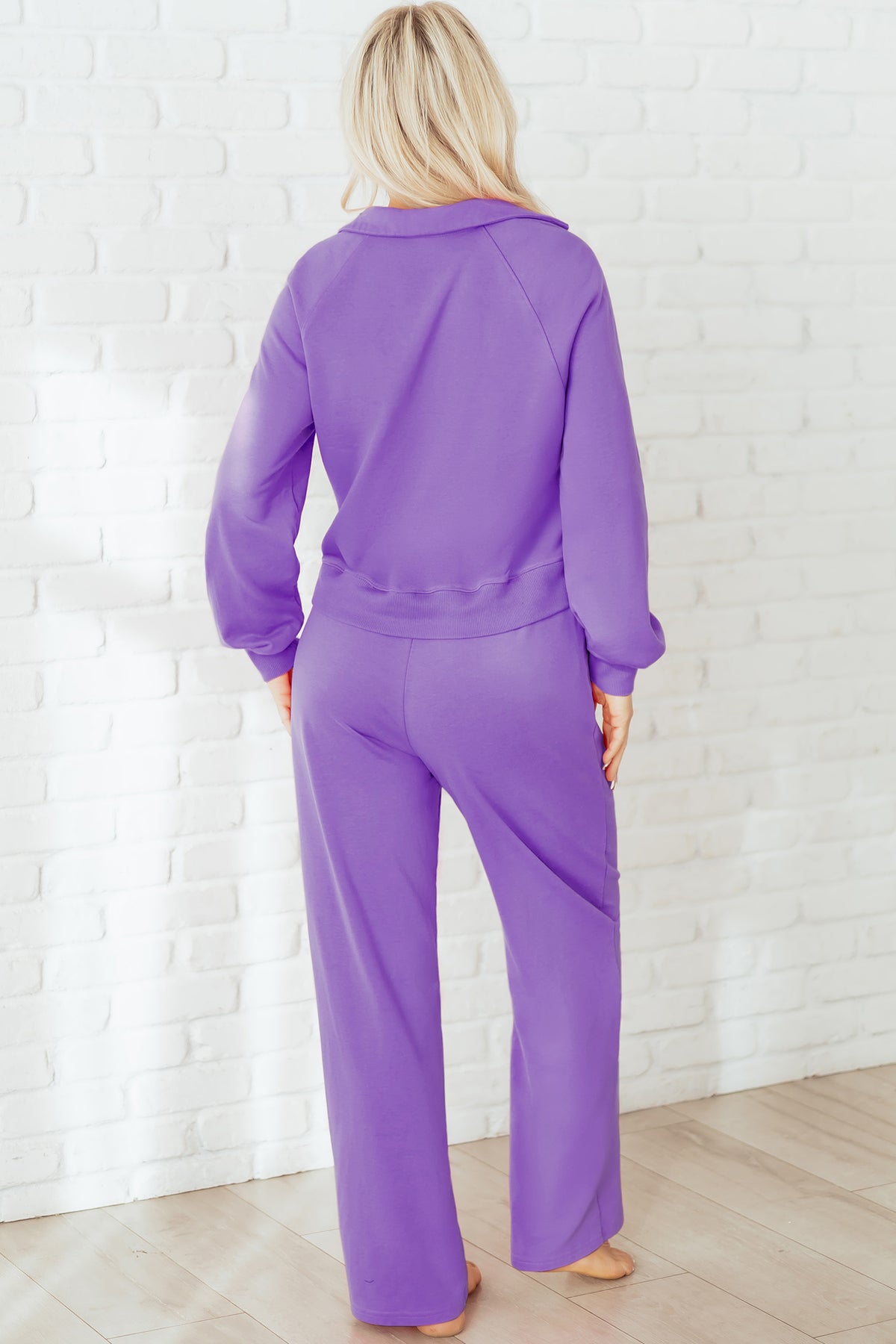 Solid color collared pullover and central seam pants set by Dear-Lover, polyester-cotton blend, in wisteria color, two-piece outfit.
