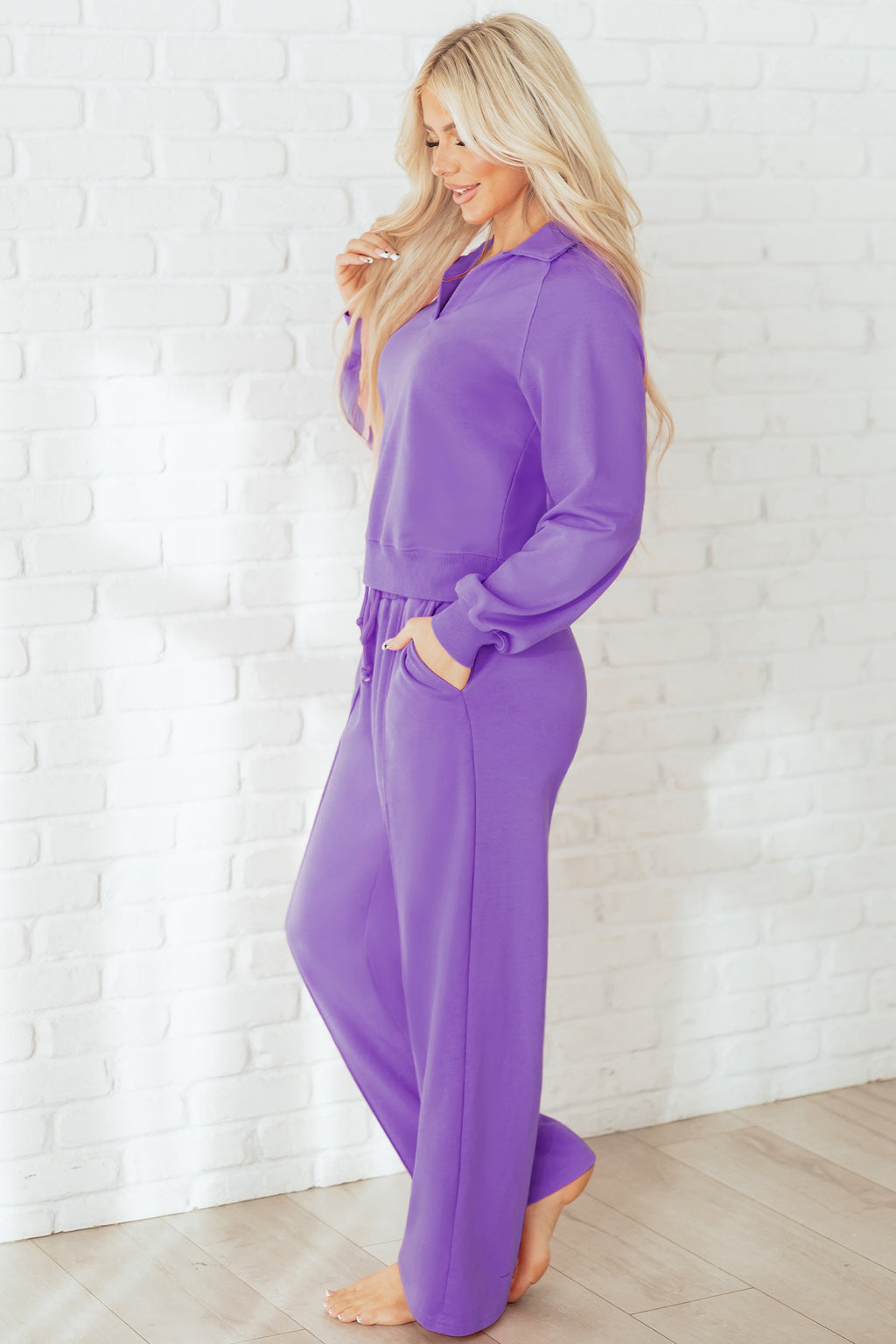 Solid purple collared pullover and central seam pants set by Dear-Lover, made of polyester and cotton, two-piece casual outfit.