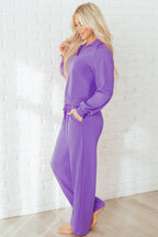 Solid purple collared pullover and central seam pants set by Dear-Lover, made of polyester and cotton, two-piece casual outfit.