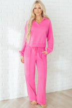 Solid color collared pullover and central seam pants set by Dear-Lover, made of polyester and cotton in a soft wisteria shade.