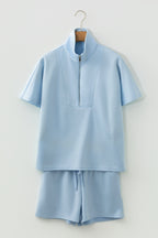 Dear-Lover blue two-piece set with solid color half-zip loose short sleeve sweatshirt and matching shorts, casual summer style.