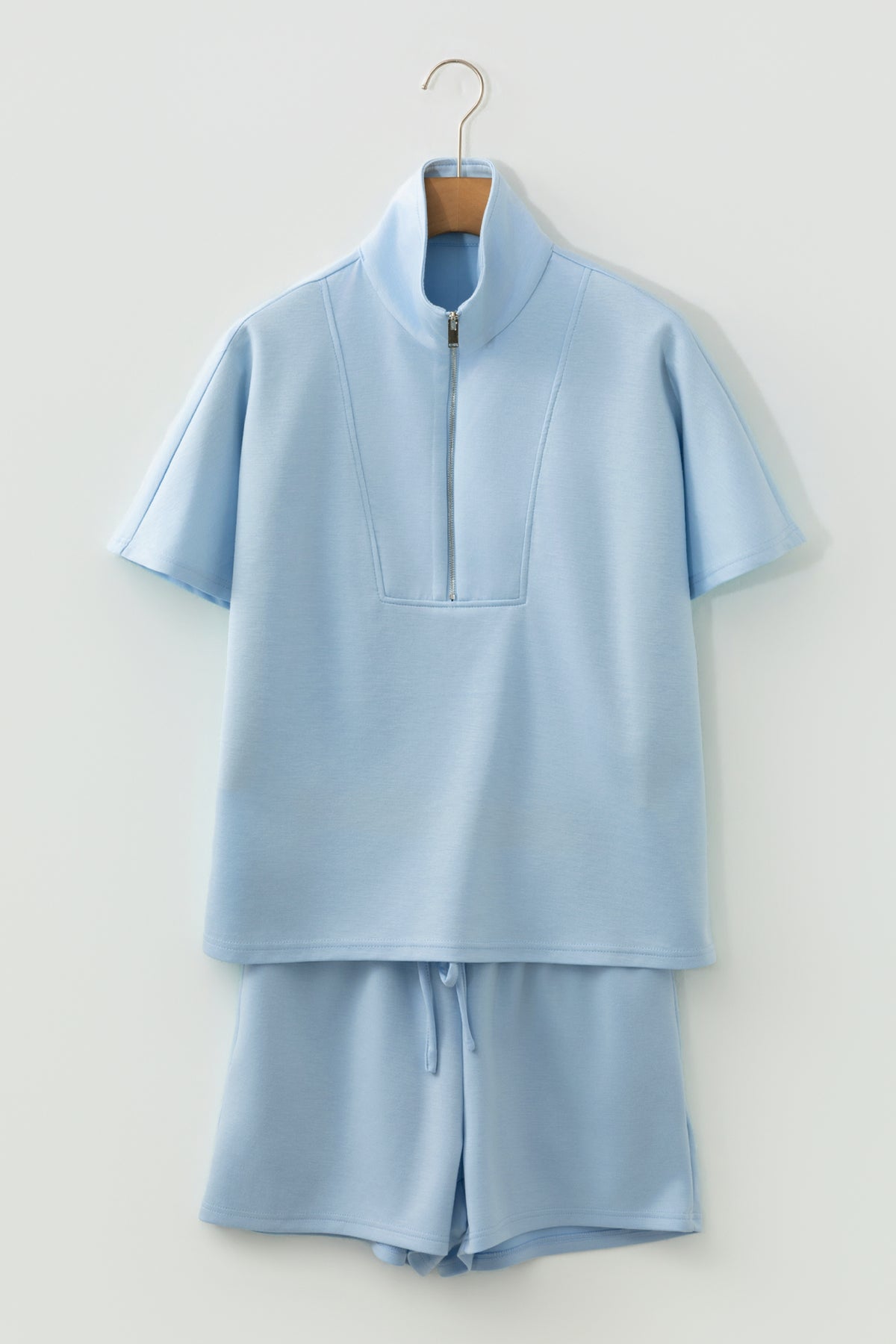 Dear-Lover blue two-piece set with solid color half-zip loose short sleeve sweatshirt and matching shorts, casual summer style.