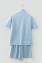 Dear-Lover blue two-piece set featuring a solid color half-zip loose short sleeve sweatshirt and matching shorts.