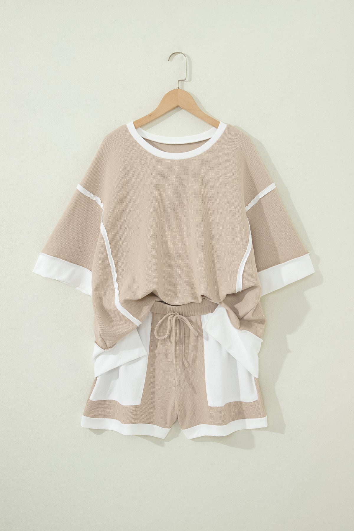 Beige raw edge color block patchwork oversized tee with drawstring loose shorts, Dear-Lover two-piece set, casual summer outfit.
