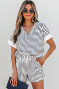 Black stripe V-neck tee and casual short set by Dear-Lover, featuring a relaxed fit and comfortable fabric.
