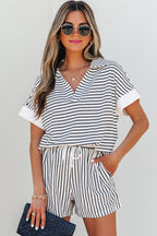Black stripe V-neck tee and casual short set by Dear-Lover, featuring a relaxed fit and comfortable fabric.