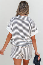 Black stripe V-neck tee and casual short set by Dear-Lover, featuring a comfortable two-piece design in polyester and viscose fabric.