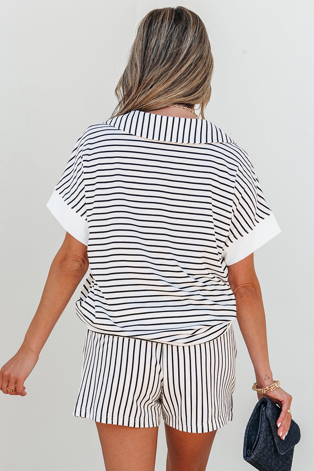Black stripe V-neck tee and casual short set by Dear-Lover, featuring a comfortable two-piece design in polyester and viscose fabric.