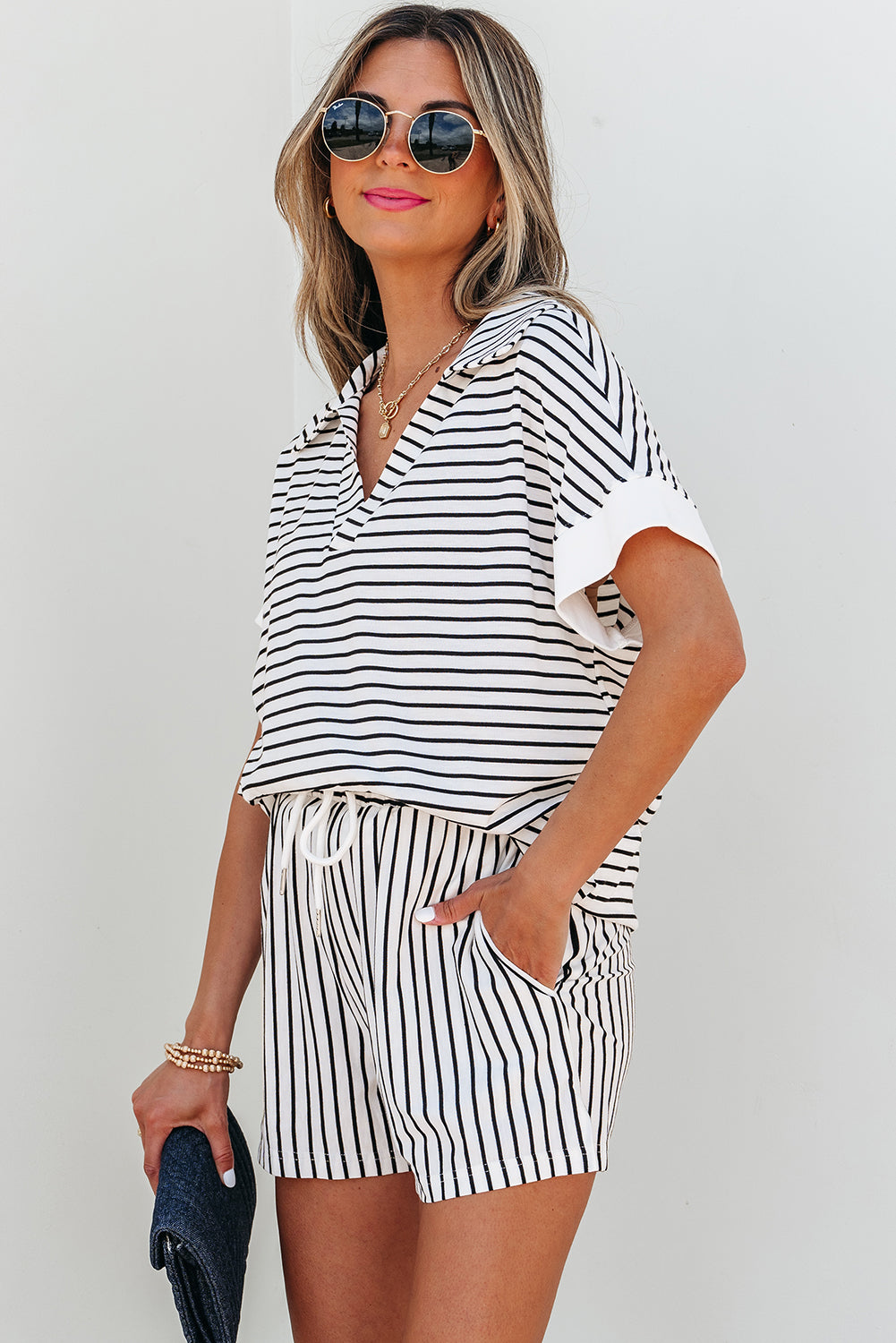 Black stripe V-neck tee and casual short set by Dear-Lover, featuring a comfortable two-piece design with polyester and viscose fabric.