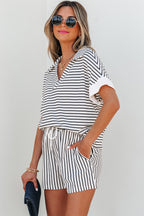 Black stripe V-neck tee and casual short set by Dear-Lover, featuring a comfortable two-piece design with polyester and viscose fabric.
