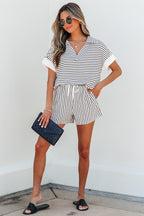 Black stripe V-neck tee and casual shorts set by Dear-Lover, featuring a relaxed fit, short sleeves, and comfortable fabric.