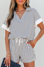 Black stripe V-neck tee and casual shorts set by Dear-Lover, featuring a comfortable two-piece design in polyester and viscose fabric.