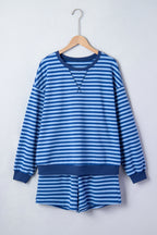 Blue stripe drop shoulder long sleeve pullover and elastic waist casual short set by Dear-Lover, made of cotton and elastane.