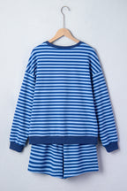 Blue stripe two-piece casual set with drop shoulder long sleeve pullover and elastic waist shorts, made of cotton and elastane.
