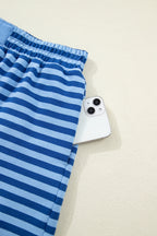 Blue stripe two-piece casual short set with drop shoulder long sleeve pullover and elastic waist, made of cotton and elastane.