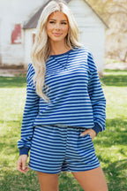 Blue stripe drop shoulder long sleeve pullover and elastic waist casual short set by Dear-Lover, made of cotton and elastane.