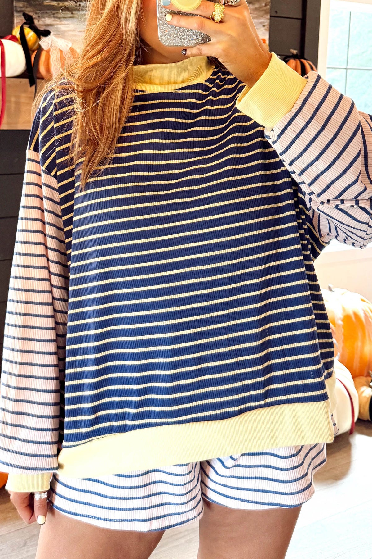 Blue stripe color block long sleeve pullover and casual shorts set by Dear-Lover, ribbed knit two-piece outfit for relaxed style.